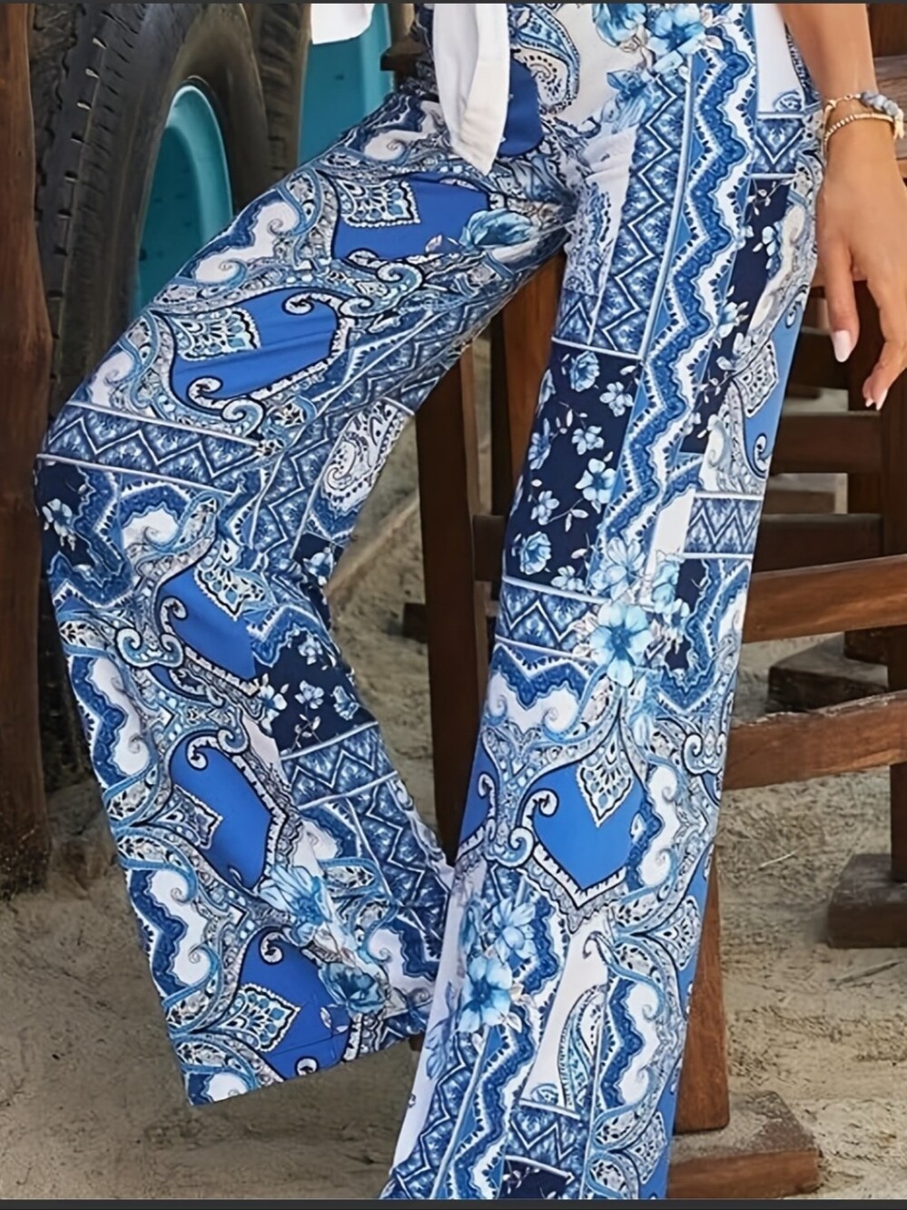Boston Proper Blue Scroll Pattern Wide Leg Elastic Waist Palazzo Pants, Small
